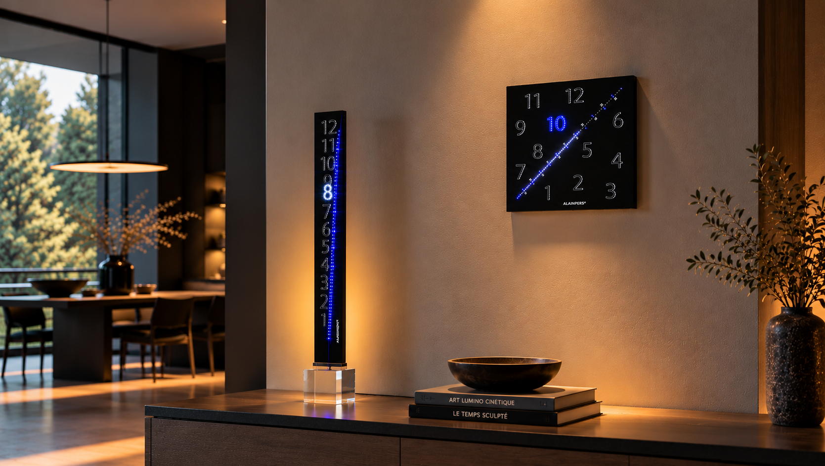 Horloges lumineuses design DIAGONAL II et DIAGONALK par Alainpers dans un intérieur contemporain
